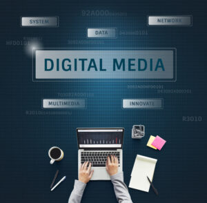 What is digital marketing concept showing SEO, social media, email marketing, and online advertising on a digital tablet.